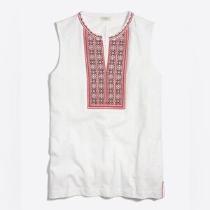 J. Crew White Sleeveless Embroidered Tank with Red Accents 100% Cotton